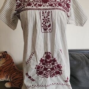 Nativa Mexicana Embroidery Striped Gray and Burgundy Dress 100% Cotton.